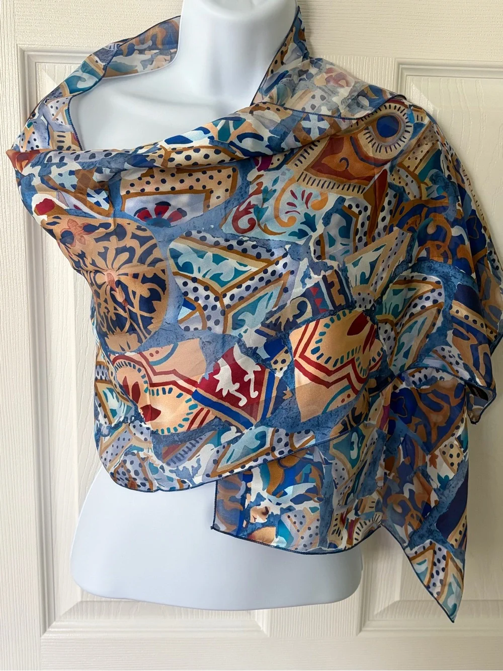 Brochier Soieres Silk Geometric Design Scarf in Blue and Gold